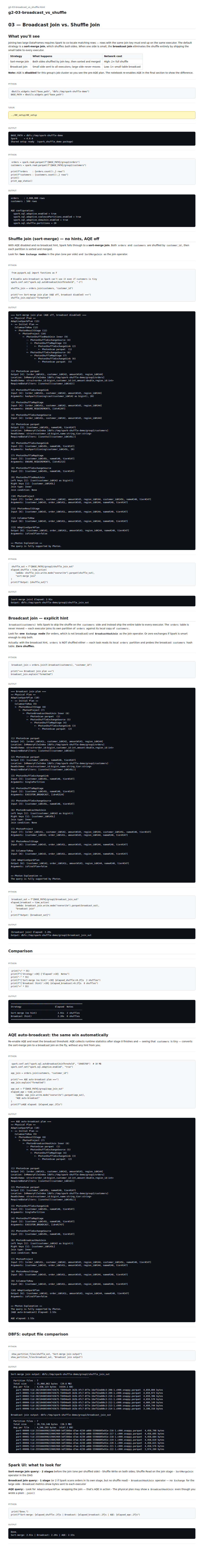 Broadcast vs. shuffle join notebook output