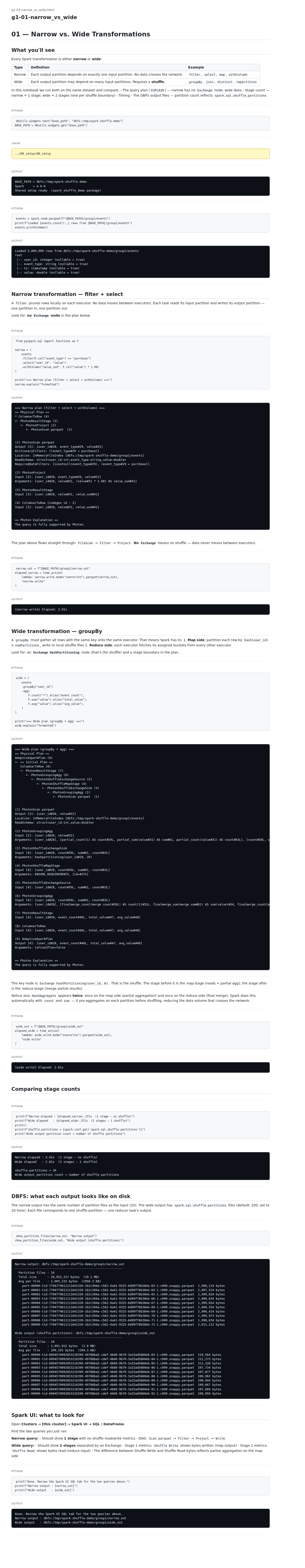 Narrow vs. wide transformation notebook output